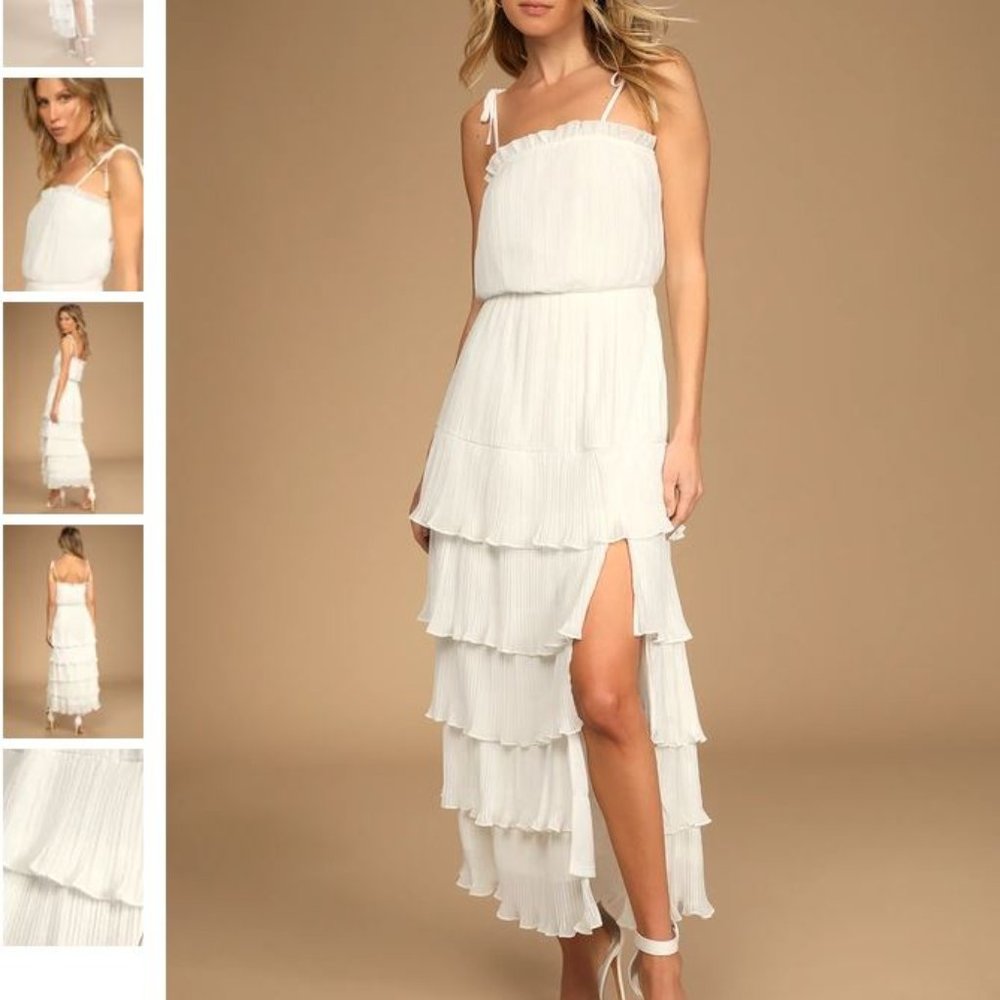 White Pleated Tiered Ruffled Tie-Strap Maxi Dress